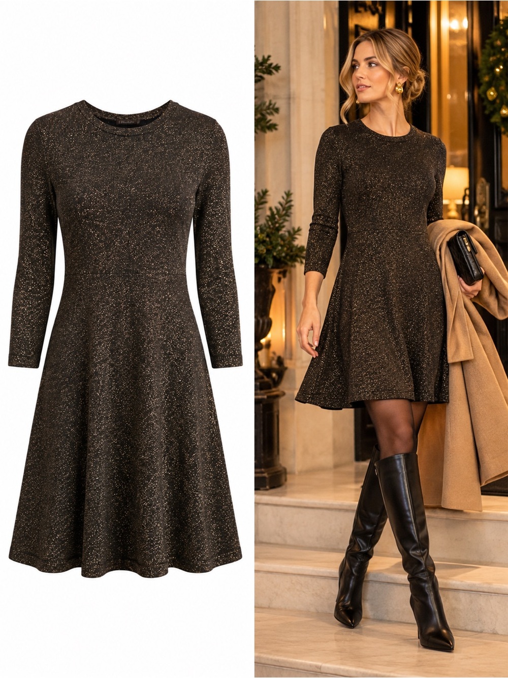 J. McLaughlin Kaya Black Gold Metallic Knit Fit Flare Dress Size XS NWOT